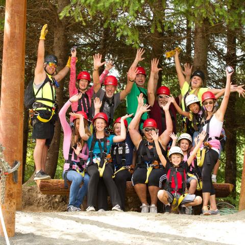 An excited ziplining group at High Life Adventures
