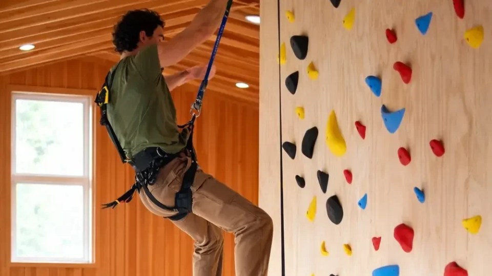 Person climbing indoor rock wall with colorful holds in wooden room.