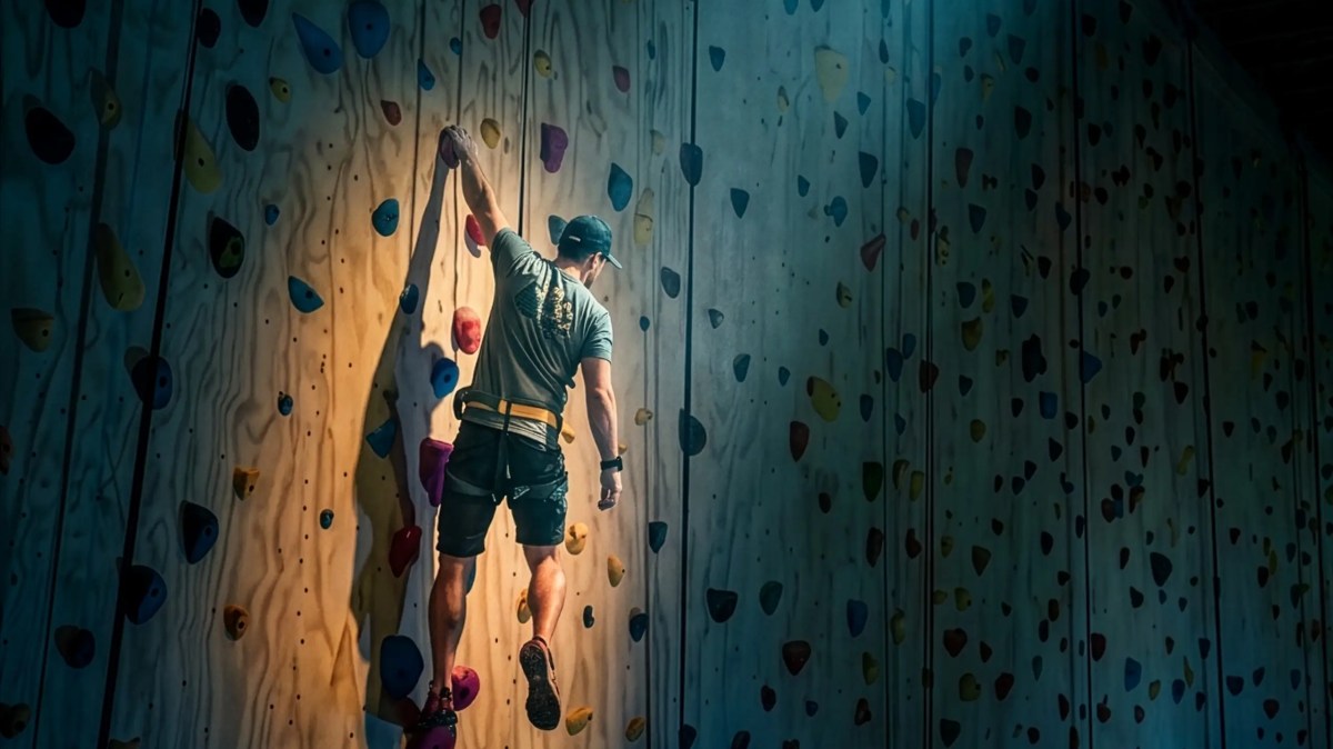 Person climbing indoor rock wall with colorful holds, spotlighting from above.